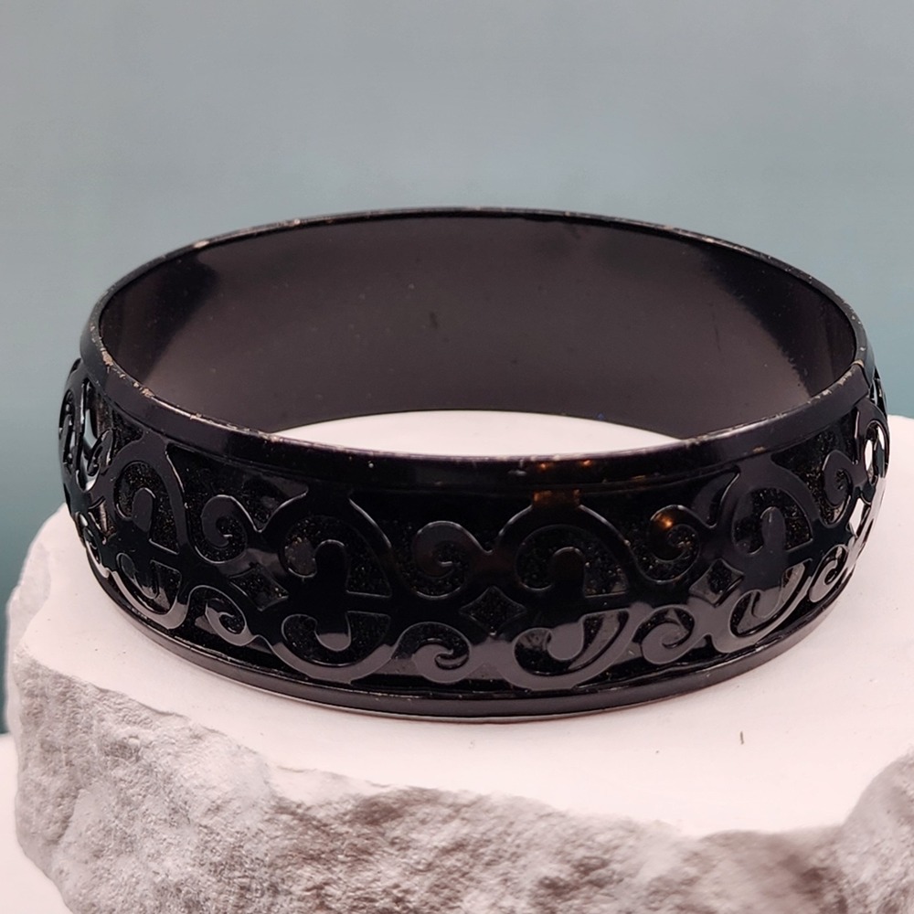 Black Scrollwork Wide Bangle Bracelet Glossy Gothic Ornate Statement Jewelry